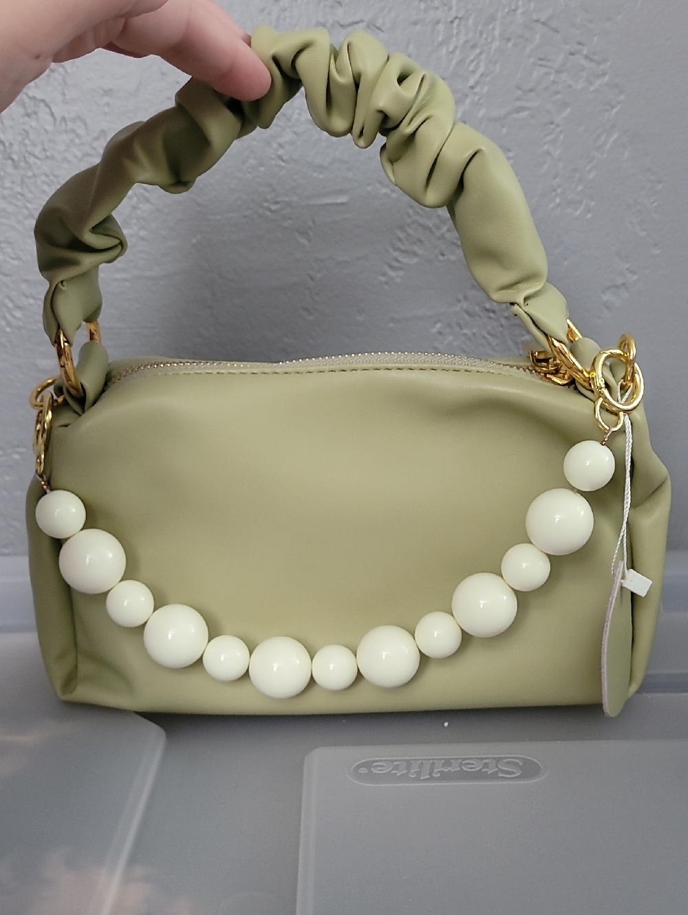 Light Green Beaded Handle Women’s Shoulder Bag
